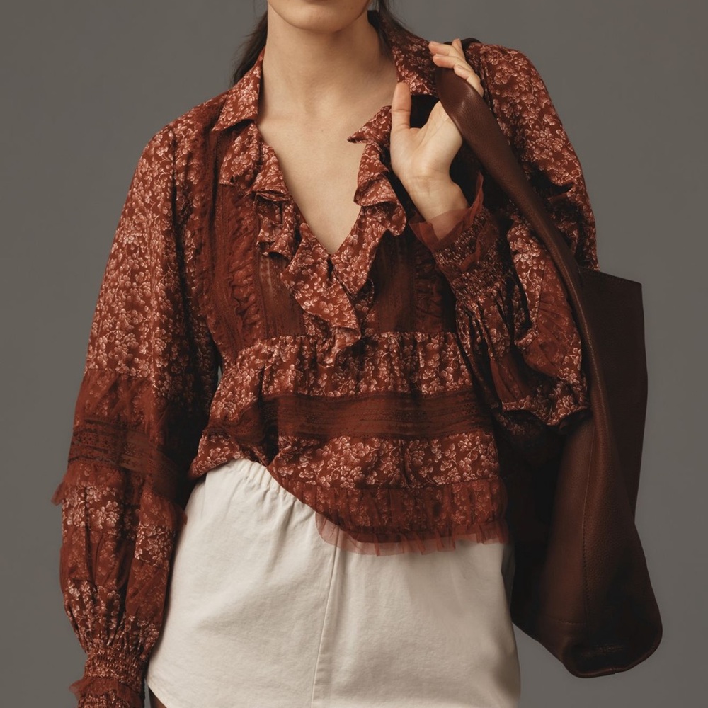NWT ANTHROPOLOGIE RUFFLE V NECK POPOVER BLOUSE